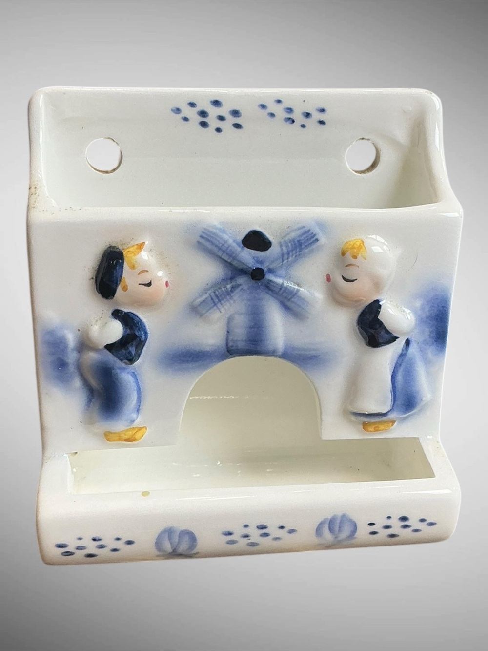 Enesco Dutch Treat Ceramic Wall Match Holder Vintage Kissing Couple Windmill